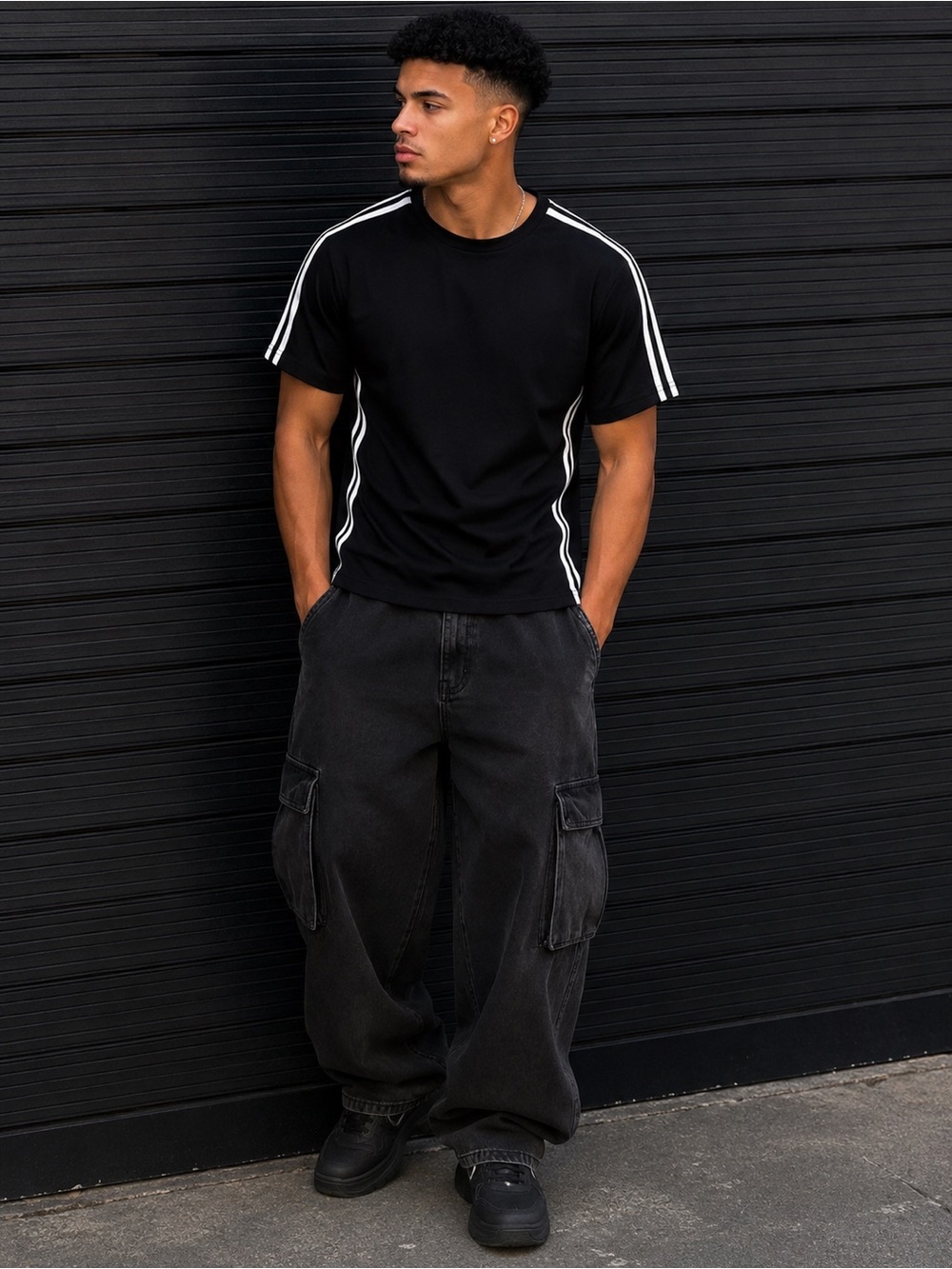 Black Short-Sleeve Athletic Tee with White Stripe Accents